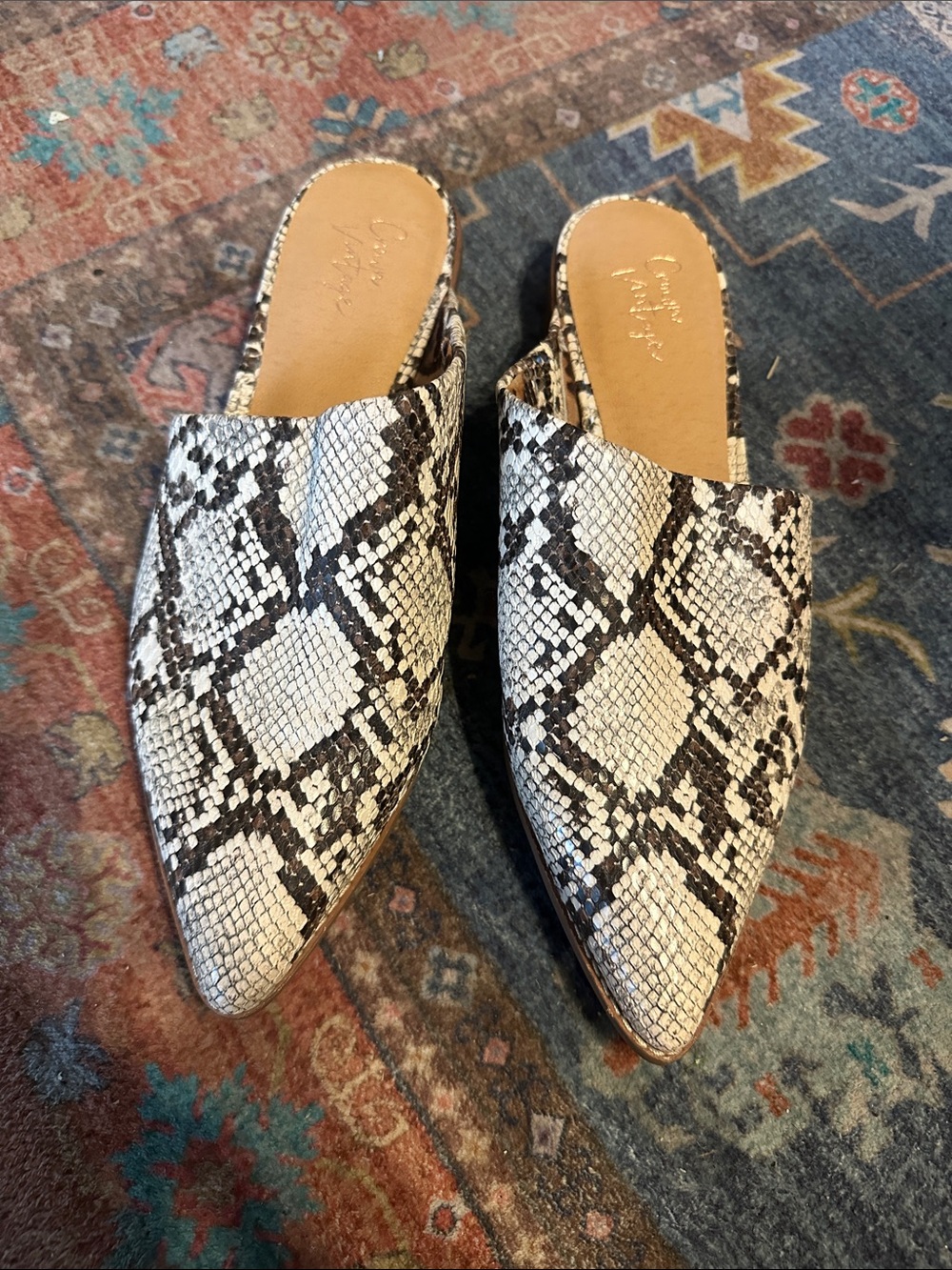 Crown Vintage Snakeskin Print Pointed Toe Mules / Slides